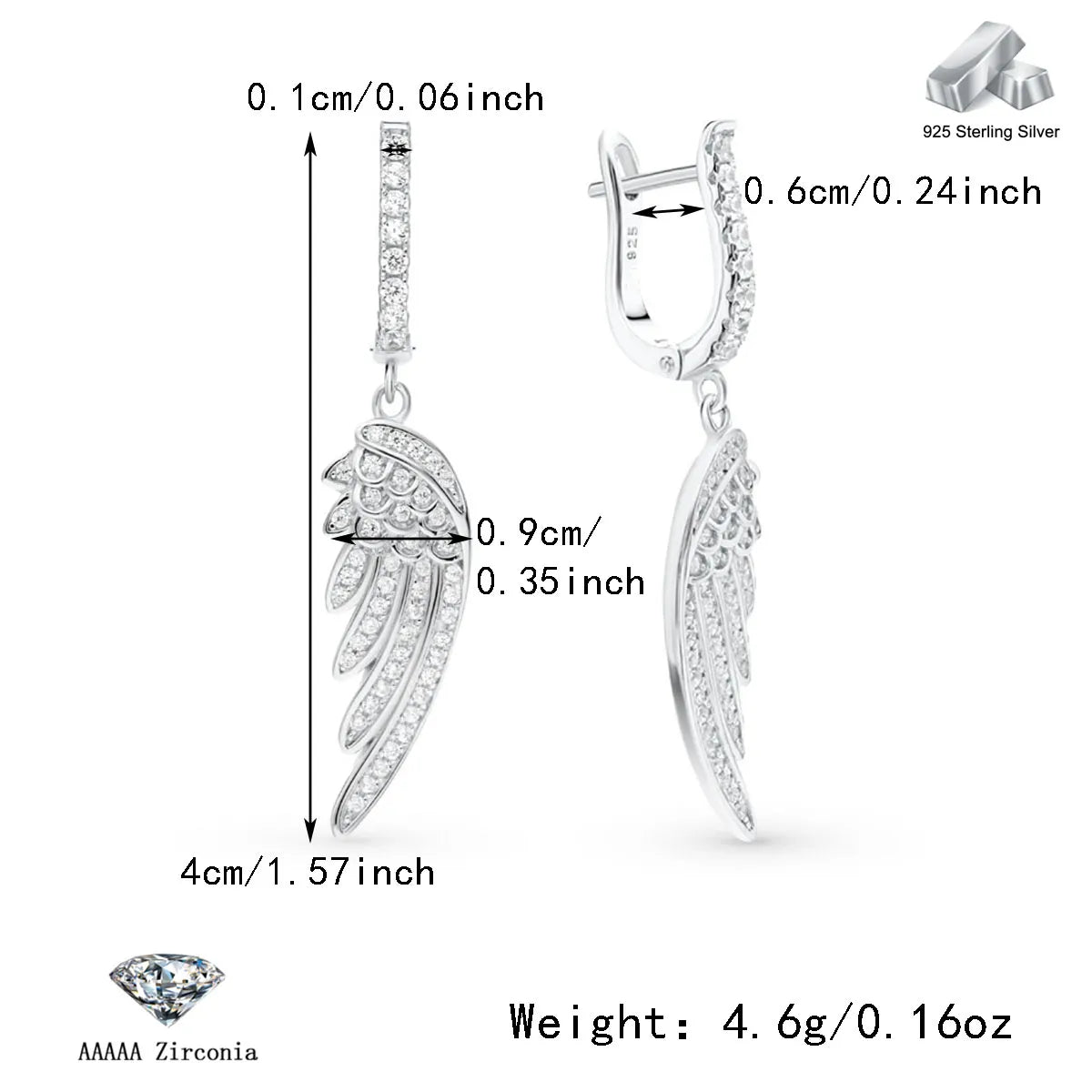 1 Pair Elegant Lady Feather Inlay Sterling Silver Zircon White Gold Plated Drop Earrings