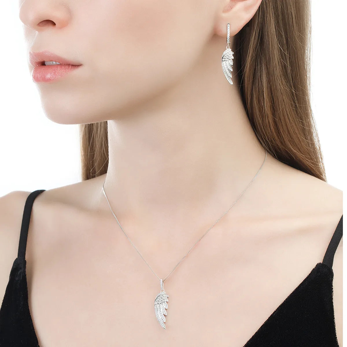 1 Pair Elegant Lady Feather Inlay Sterling Silver Zircon White Gold Plated Drop Earrings