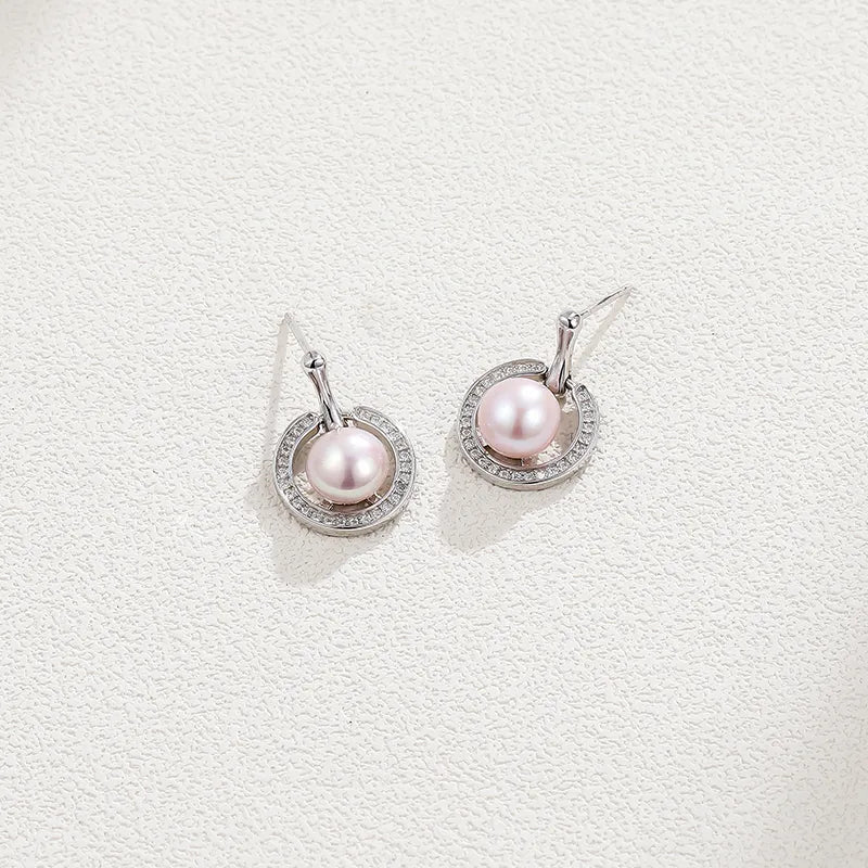 Elegant Sterling Silver Pearl Zircon White Gold Plated Drop Earrings – Circle Design