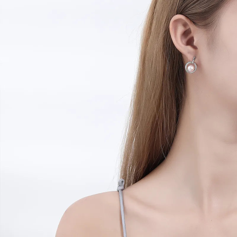 Elegant Sterling Silver Pearl Zircon White Gold Plated Drop Earrings – Circle Design