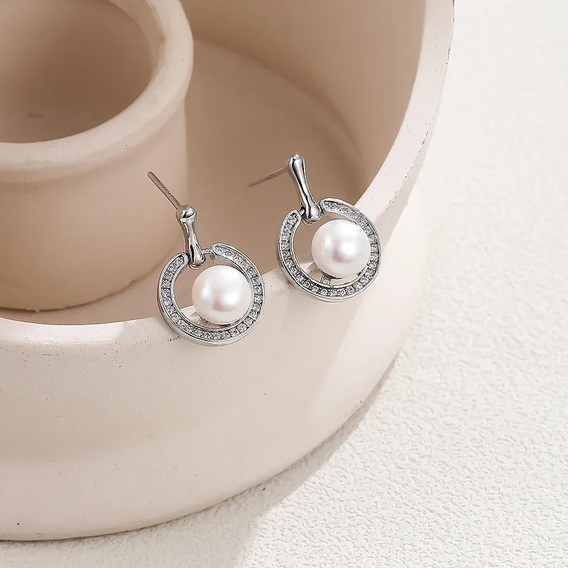 Elegant Sterling Silver Pearl Zircon White Gold Plated Drop Earrings – Circle Design