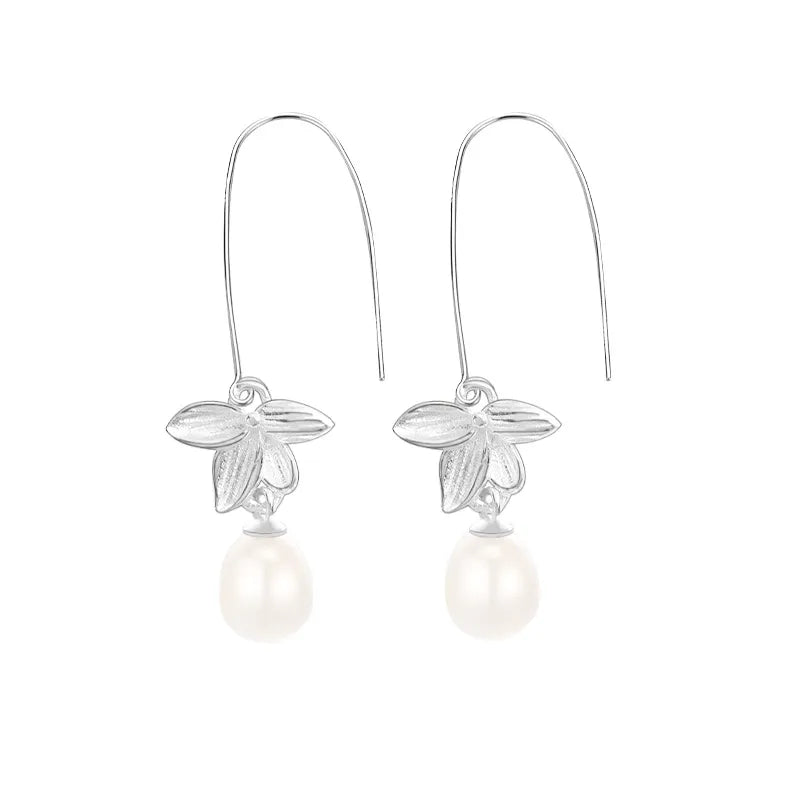 Elegant Sterling Silver Pearl Drop Earrings – White Gold Plated, Luxurious & Glamorous