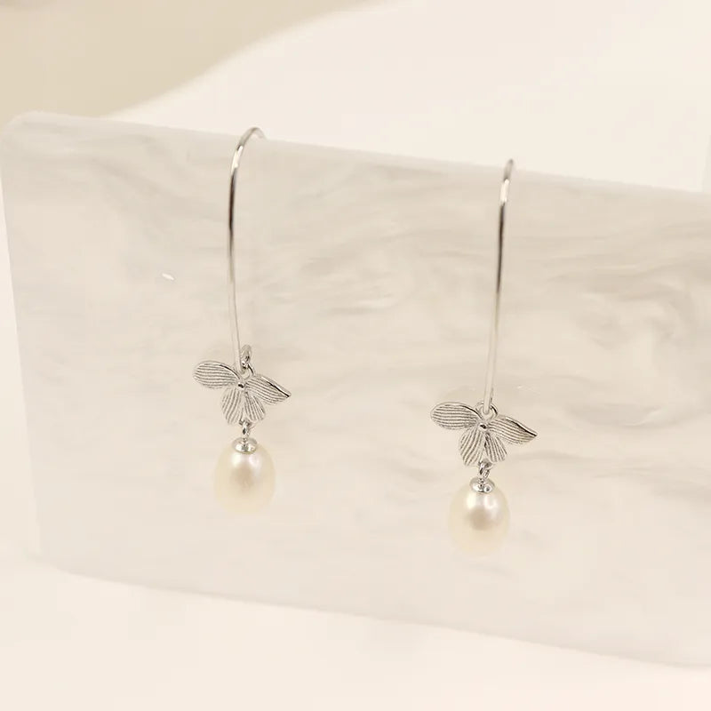 Elegant Sterling Silver Pearl Drop Earrings – White Gold Plated, Luxurious & Glamorous
