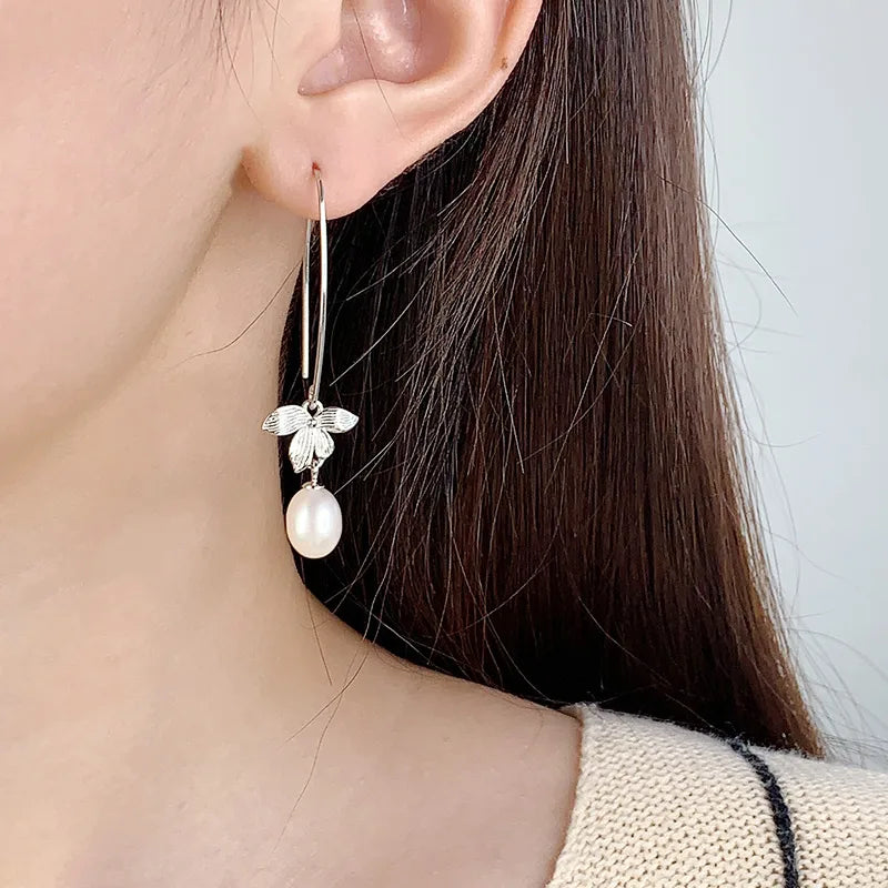 Elegant Sterling Silver Pearl Drop Earrings – White Gold Plated, Luxurious & Glamorous