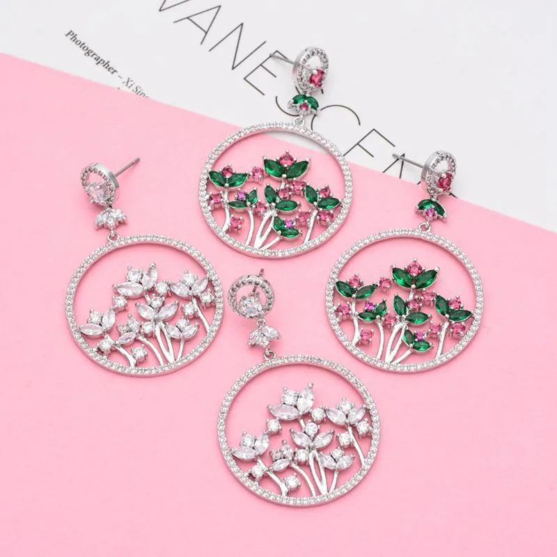 1 Pair Glam Shiny Circle Flower Copper Zircon White Gold Plated Drop Earrings