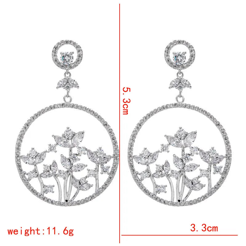 1 Pair Glam Shiny Circle Flower Copper Zircon White Gold Plated Drop Earrings