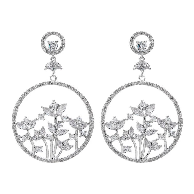 1 Pair Glam Shiny Circle Flower Copper Zircon White Gold Plated Drop Earrings