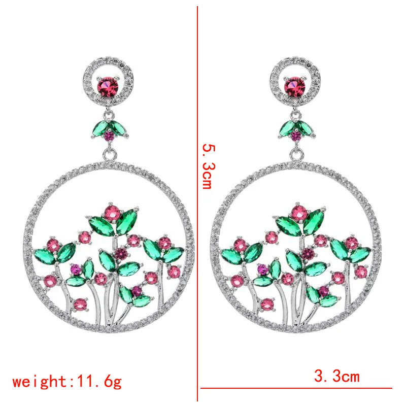 1 Pair Glam Shiny Circle Flower Copper Zircon White Gold Plated Drop Earrings