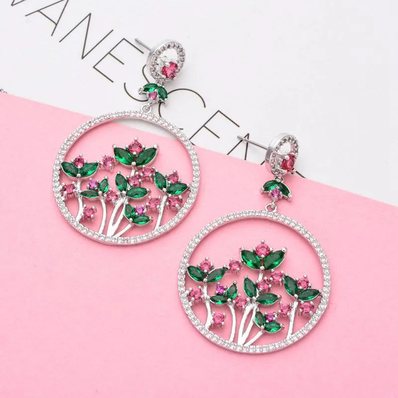 1 Pair Glam Shiny Circle Flower Copper Zircon White Gold Plated Drop Earrings