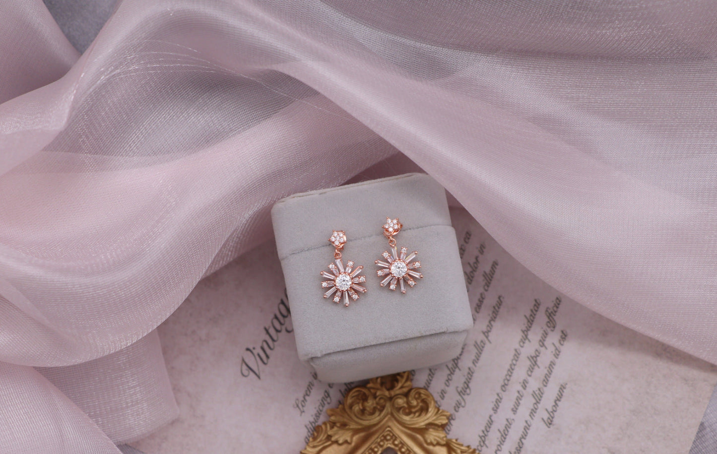 Shiny Flower Copper Zircon Drop Earrings - Gold Plated, IG Style