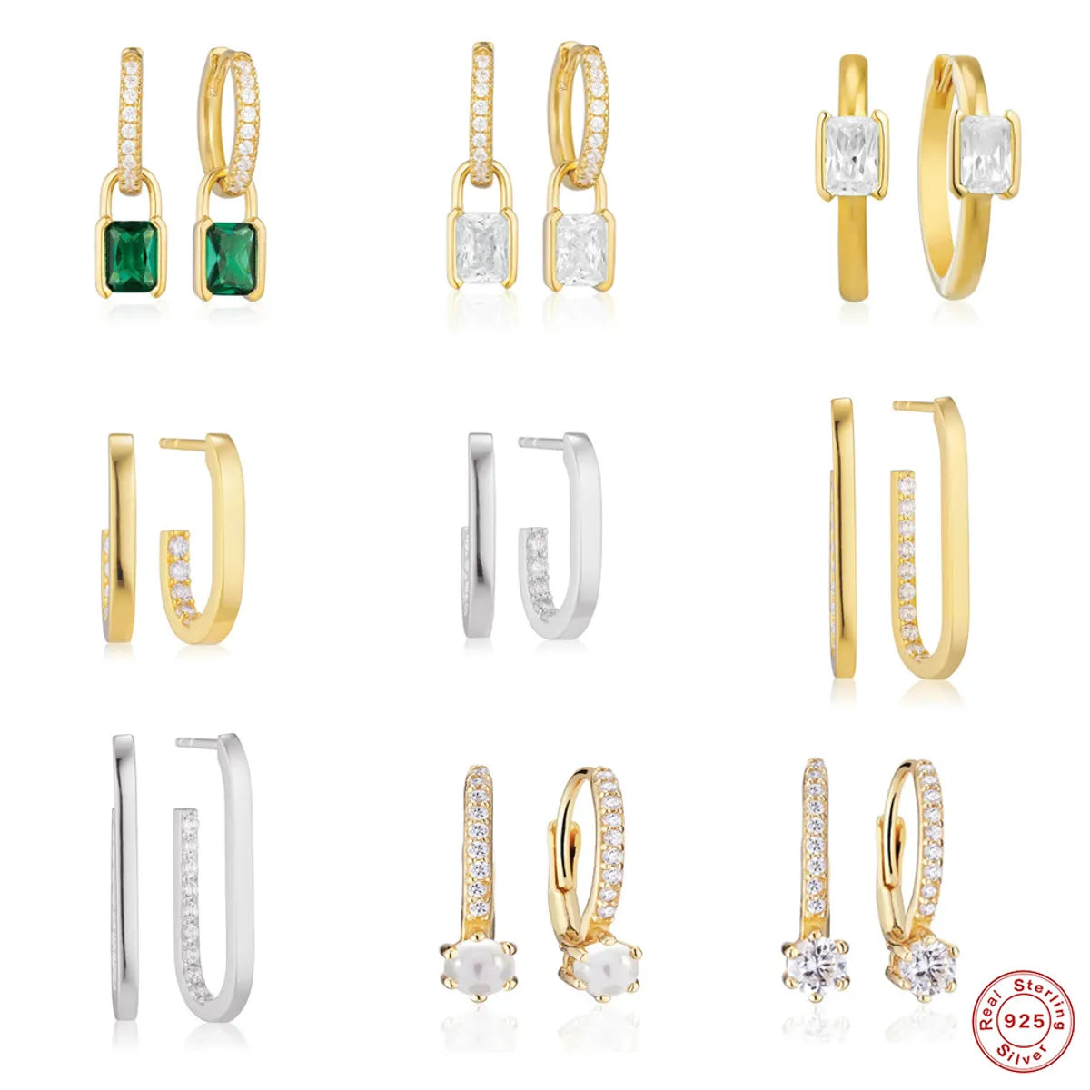 Simple U-Shape Sterling Silver Dangling Earrings with Pearl & Zircon Inlay - 1 Pair