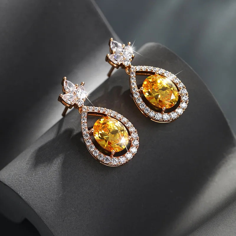 Elegant 18K Gold-Plated Drop Earrings with Sparkling Gemstones | Alloy & Copper