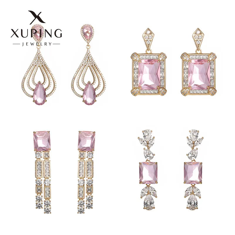 Elegant Pink Crystal Drop Earrings – 18K Gold Plated Geometric Dangles (Copper, SKU: EDIY69)