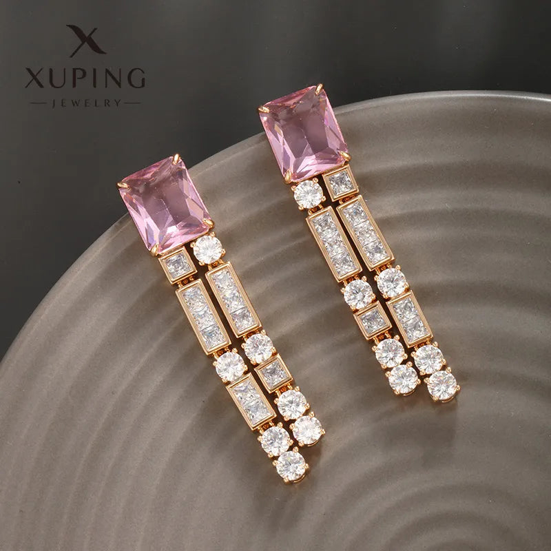 Elegant Pink Crystal Drop Earrings – 18K Gold Plated Geometric Dangles (Copper, SKU: EDIY69)