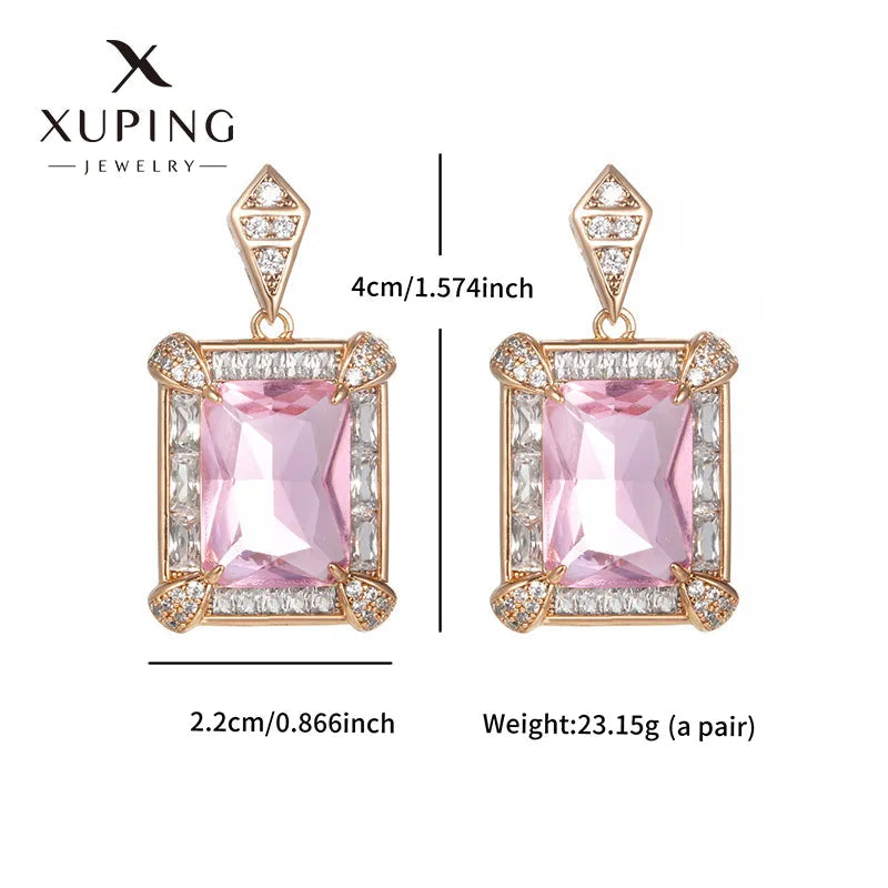 Elegant Pink Crystal Drop Earrings – 18K Gold Plated Geometric Dangles (Copper, SKU: EDIY69)
