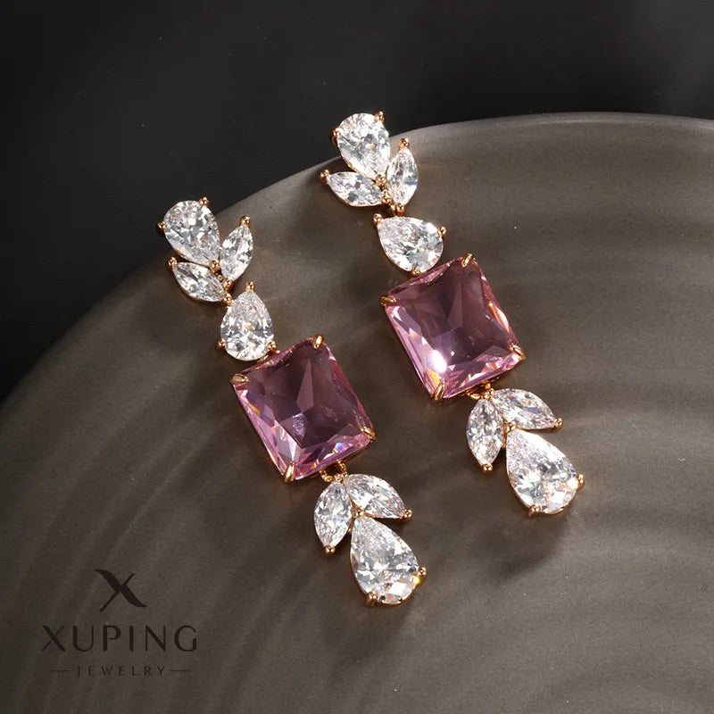 Elegant Pink Crystal Drop Earrings – 18K Gold Plated Geometric Dangles (Copper, SKU: EDIY69)
