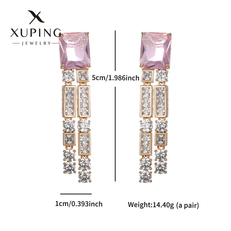 Elegant Pink Crystal Drop Earrings – 18K Gold Plated Geometric Dangles (Copper, SKU: EDIY69)