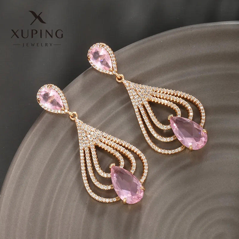 Elegant Pink Crystal Drop Earrings – 18K Gold Plated Geometric Dangles (Copper, SKU: EDIY69)