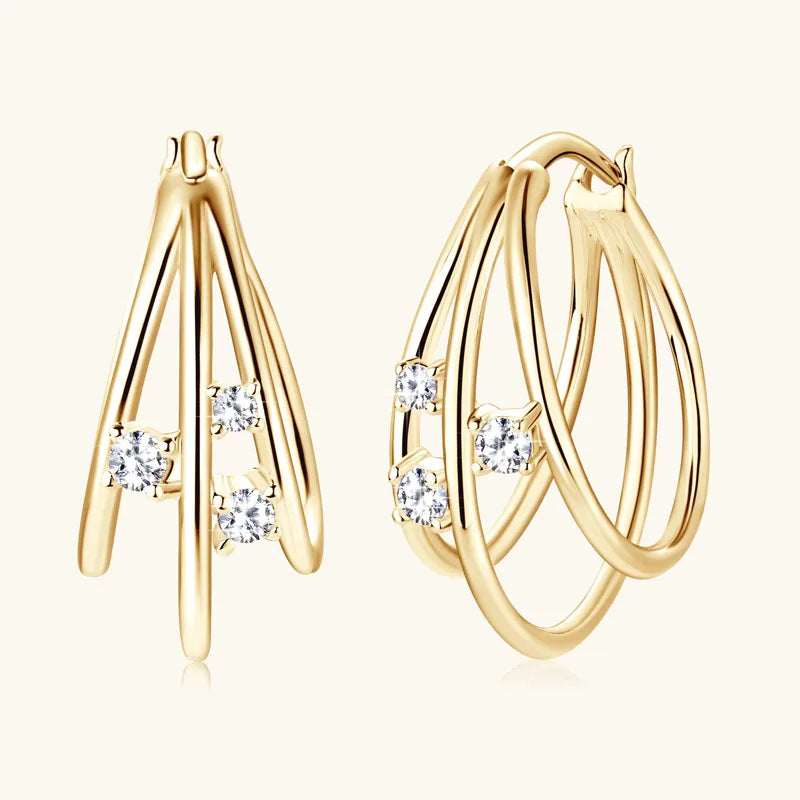 Sterling Silver & Gold-Plated Triple Hoop Moissanite Earrings – Classic Sparkle | Dariya Jewelry