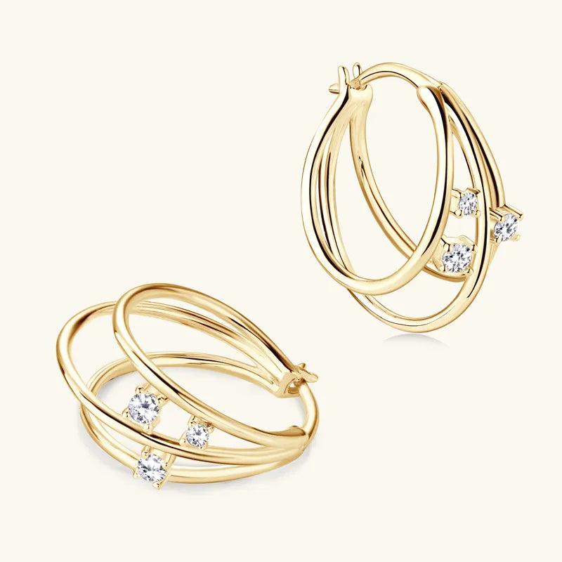 Sterling Silver & Gold-Plated Triple Hoop Moissanite Earrings – Classic Sparkle | Dariya Jewelry