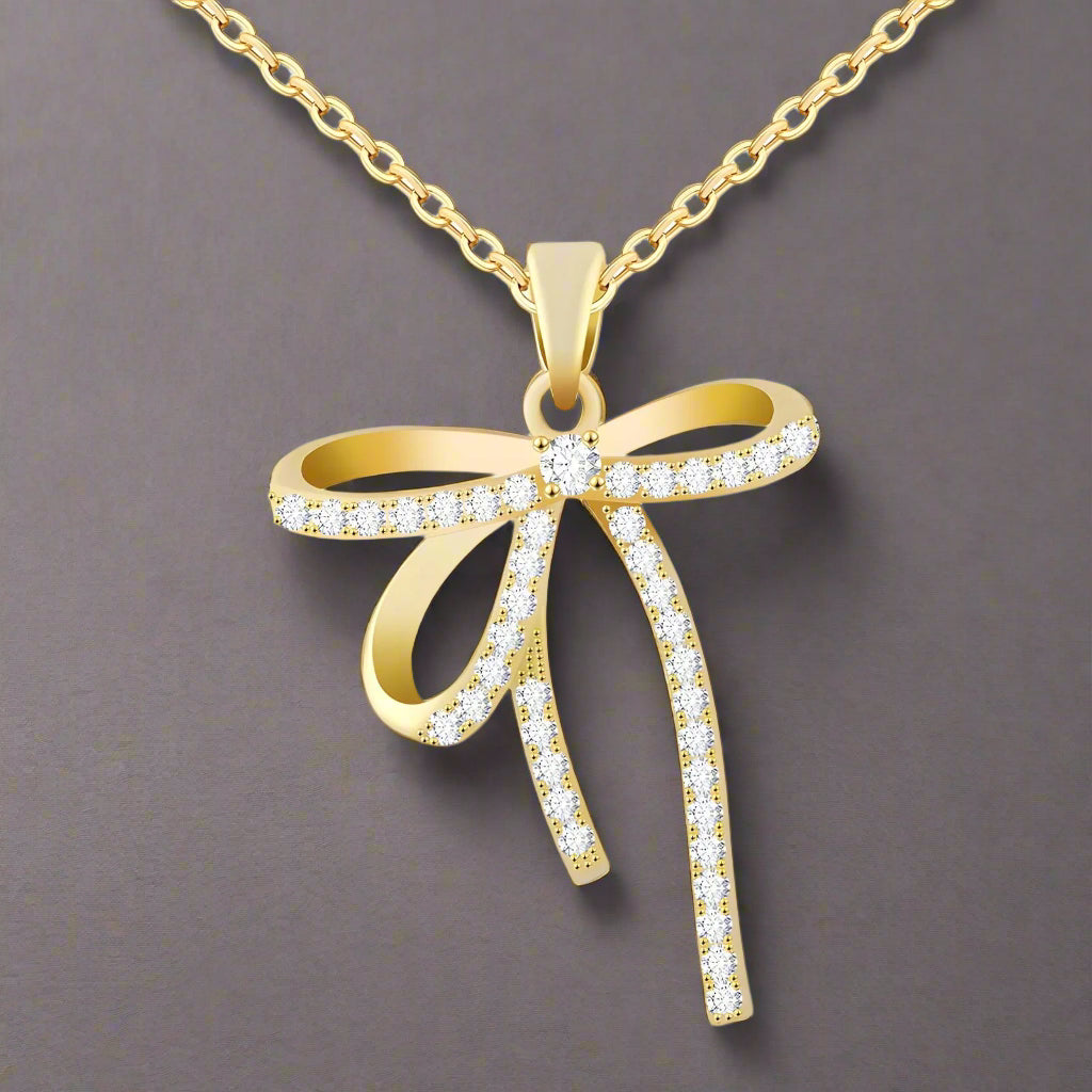 Ribbon Bow Tie Diamond Pendant Necklace – 18K Gold Plated, Non-Tarnish