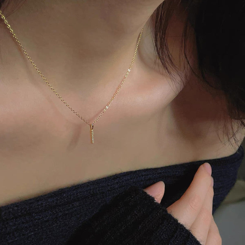 Minimalist Rhinestone Bar Pendant Necklace – 14K Gold Plated Sterling Silver