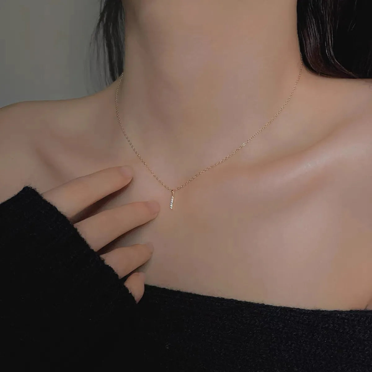 Minimalist Rhinestone Bar Pendant Necklace – 14K Gold Plated Sterling Silver