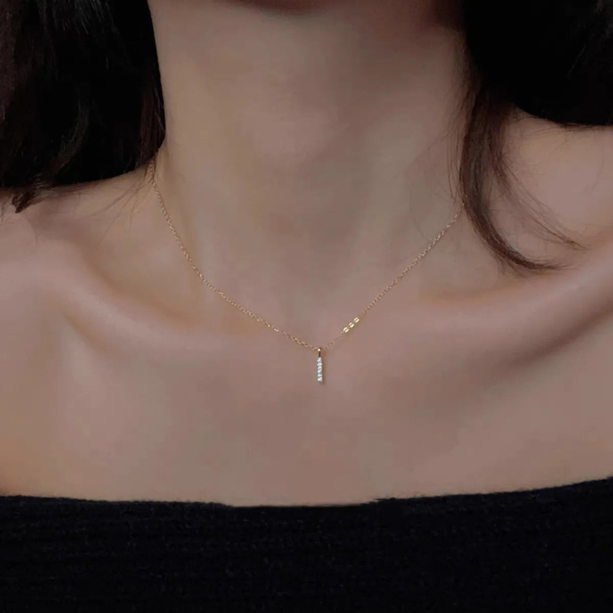 Minimalist Rhinestone Bar Pendant Necklace – 14K Gold Plated Sterling Silver