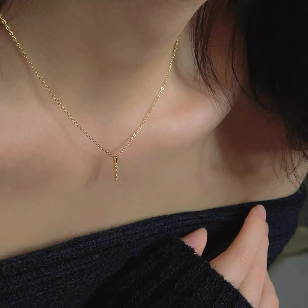 Minimalist Rhinestone Bar Pendant Necklace – 14K Gold Plated Sterling Silver