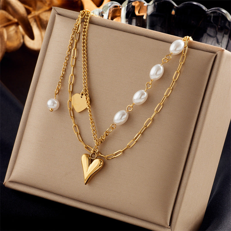 Layered Gold Heart Pendant Necklace – Stainless Steel with Faux Pearls | Dariya Jewelry
