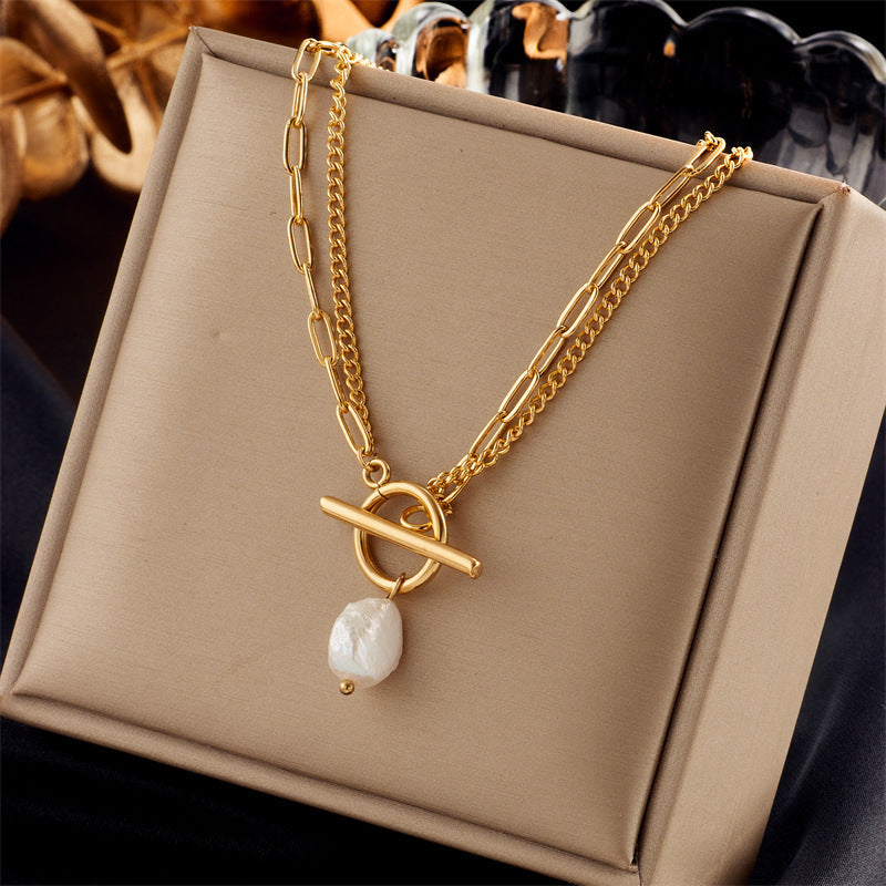 Dariya Jewelry Irregular Pearl Pendant Geometric Titanium Steel Necklace