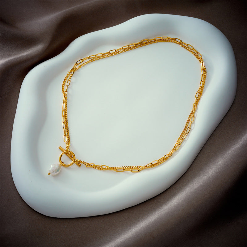 Dariya Jewelry Irregular Pearl Pendant Geometric Titanium Steel Necklace