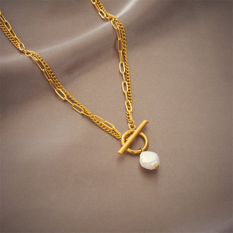 Dariya Jewelry Irregular Pearl Pendant Geometric Titanium Steel Necklace