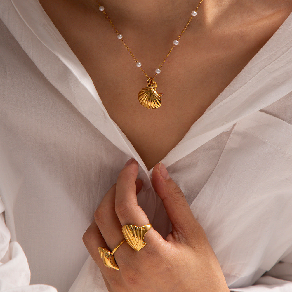 Seashell & Starfish Charm Necklace – Stainless Steel Gold-Plated Jewelry | Dariya Jewelry