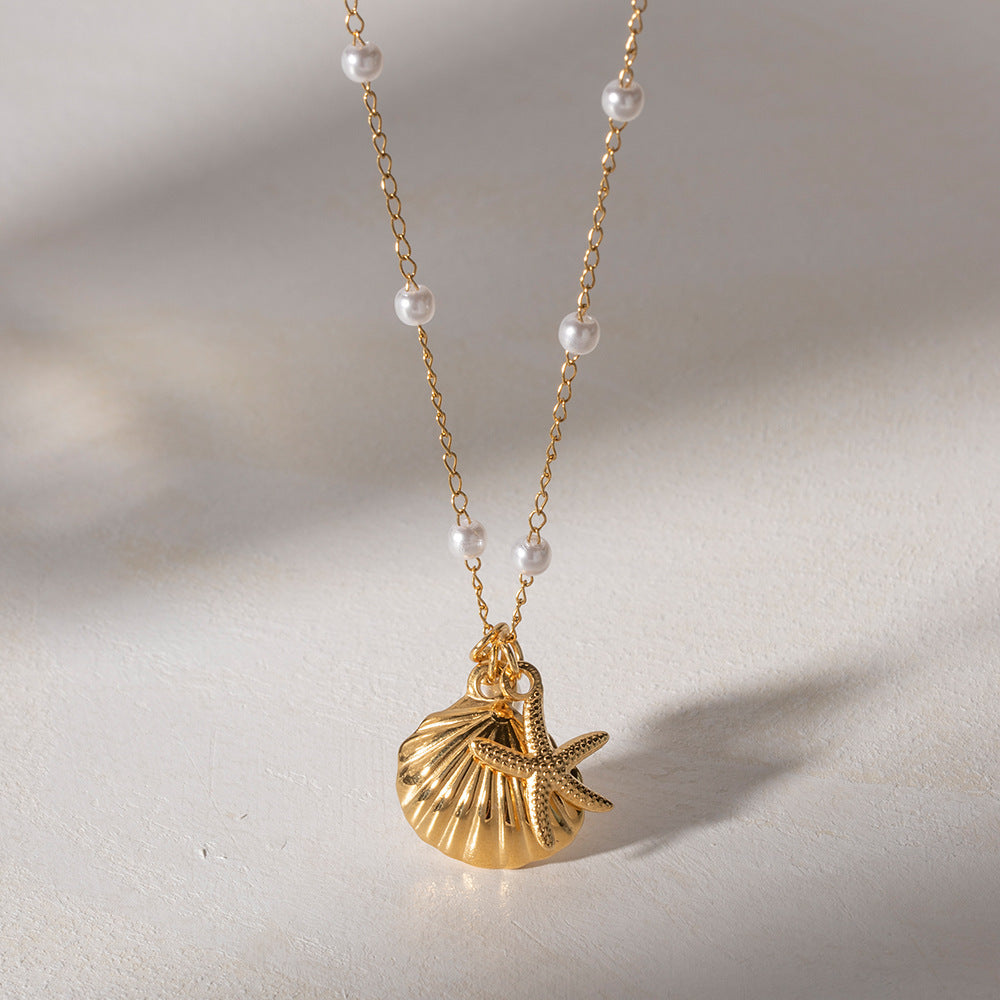 Seashell & Starfish Charm Necklace – Stainless Steel Gold-Plated Jewelry | Dariya Jewelry
