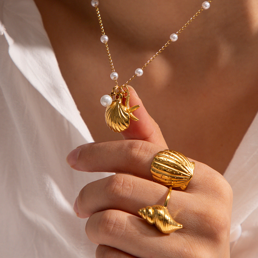 Seashell & Starfish Charm Necklace – Stainless Steel Gold-Plated Jewelry | Dariya Jewelry