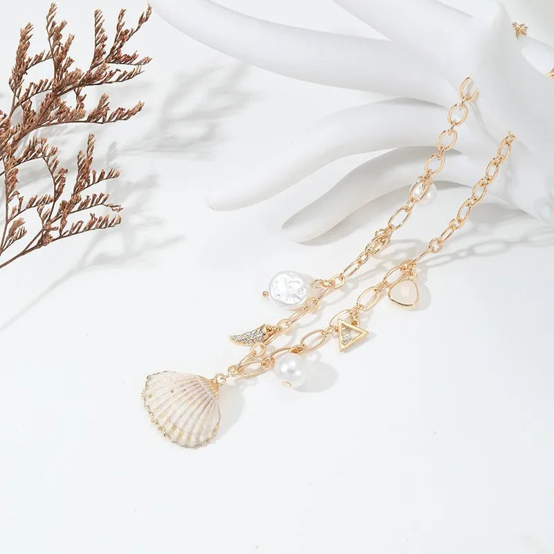 Elegant Gold Shell Charm Necklace – Rhinestone Beach Pendant for Women