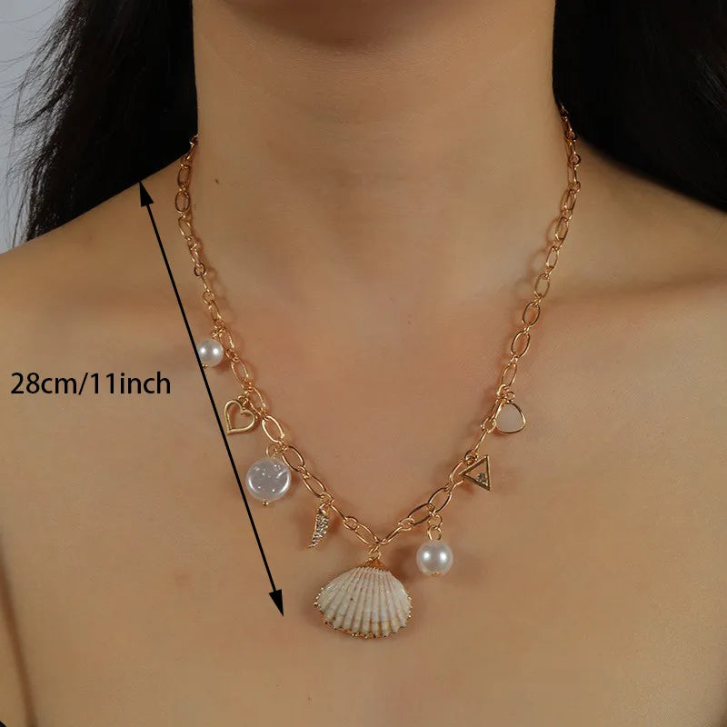 Elegant Gold Shell Charm Necklace – Rhinestone Beach Pendant for Women