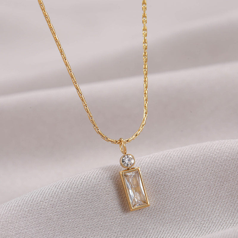 Gold-Plated Rectangle Zircon Pendant Necklace – Titanium Steel, Fashion Style