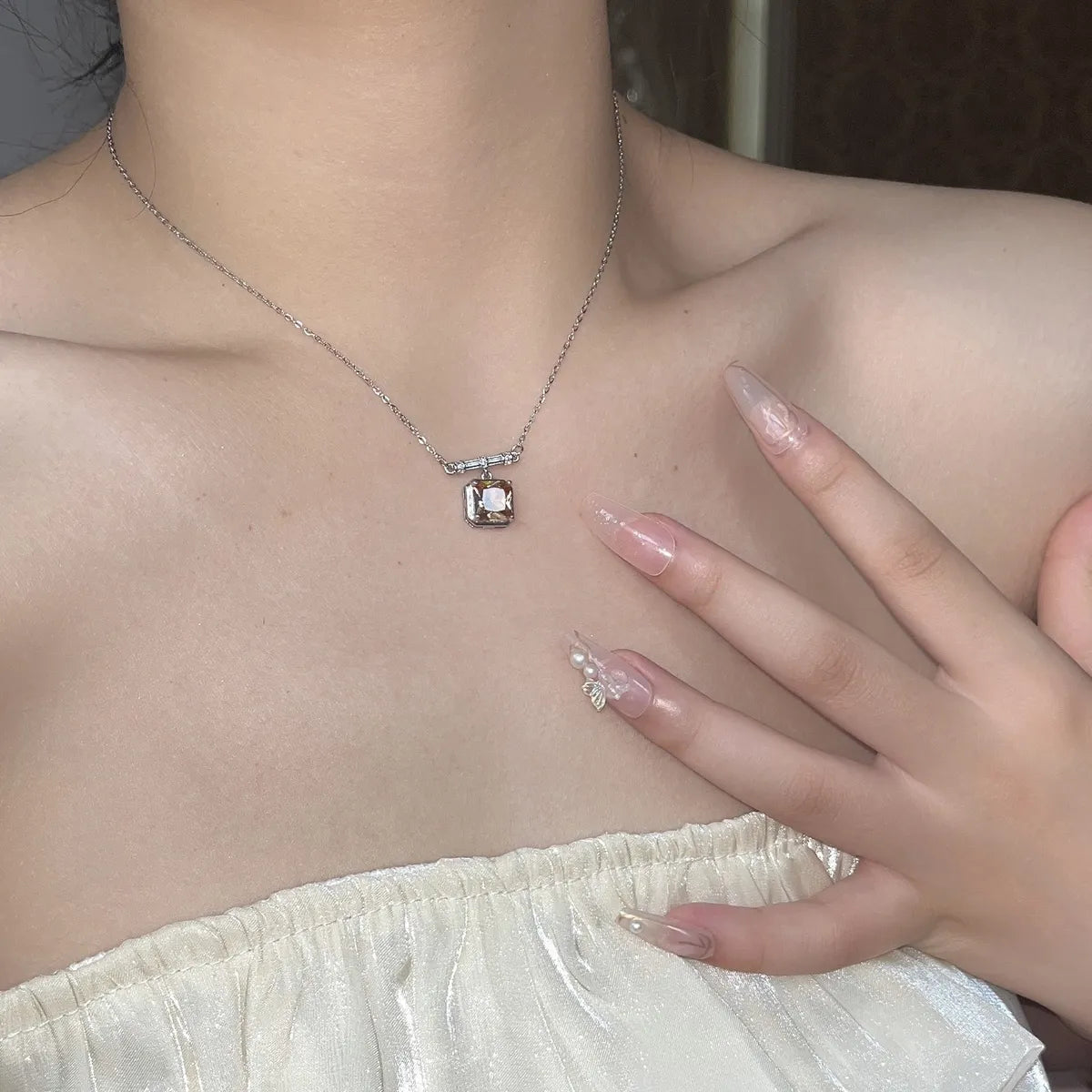 Elegant Square Zircon Pendant Titanium Steel Necklace for Women