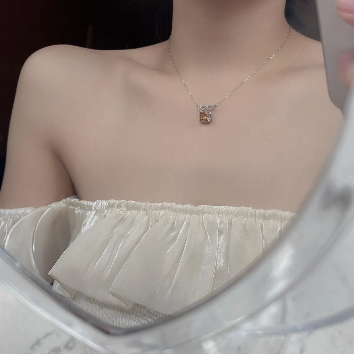 Elegant Square Zircon Pendant Titanium Steel Necklace for Women