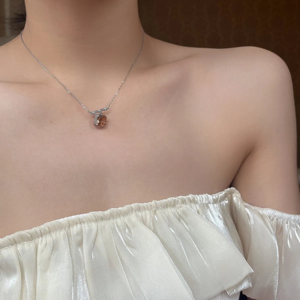 Elegant Square Zircon Pendant Titanium Steel Necklace for Women