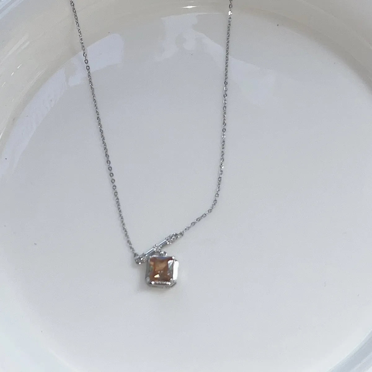 Elegant Square Zircon Pendant Titanium Steel Necklace for Women