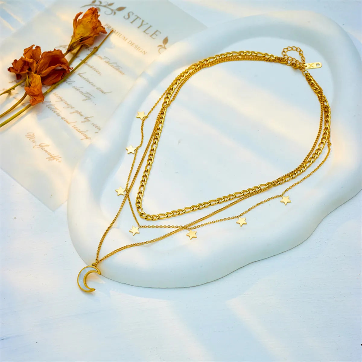 Star & Moon Layered Necklace in Gold-Tone Titanium Steel – Chic Celestial Vibe