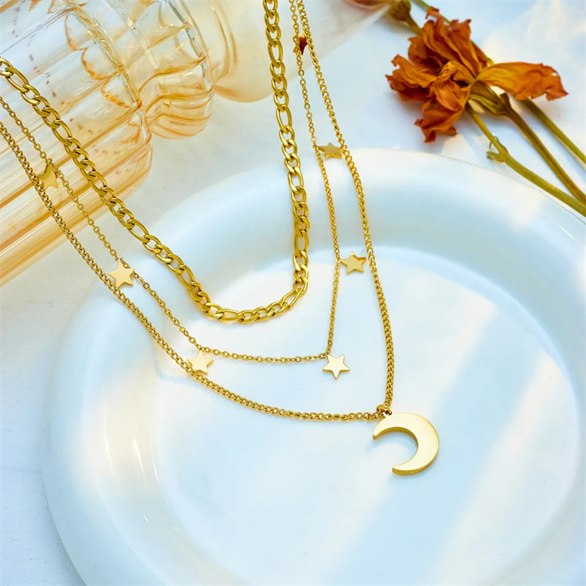 Star & Moon Layered Necklace in Gold-Tone Titanium Steel – Chic Celestial Vibe