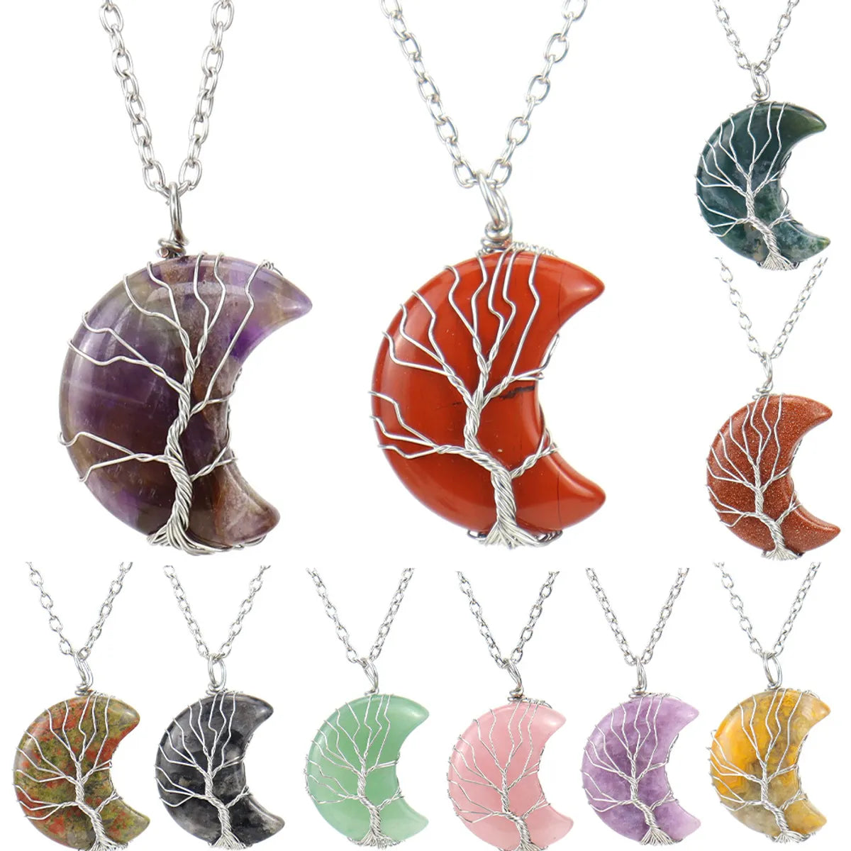 Natural Stone Crescent Moon Tree of Life Pendant Necklace – Handmade Copper Wire Wrap