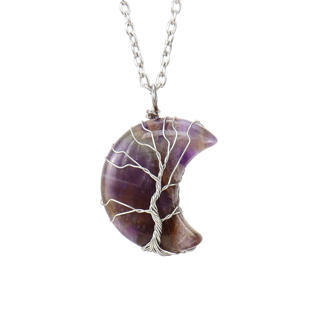 Natural Stone Crescent Moon Tree of Life Pendant Necklace – Handmade Copper Wire Wrap