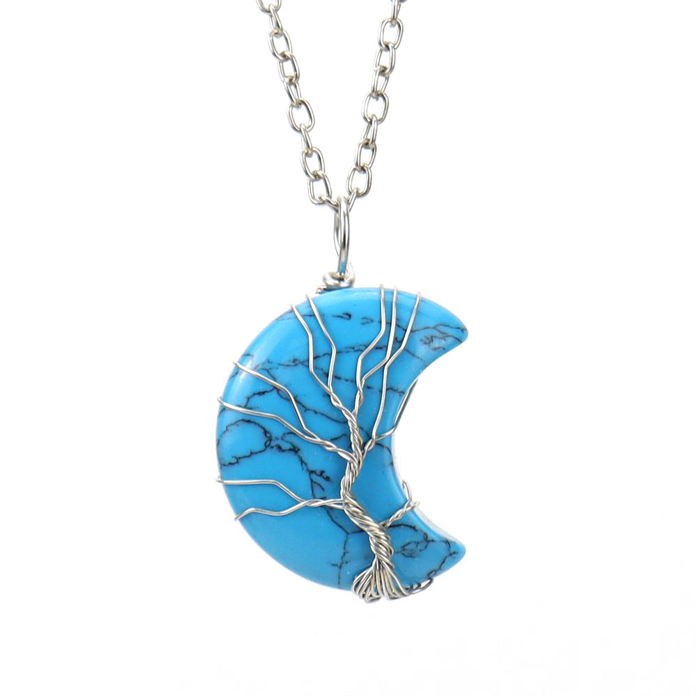 Natural Stone Crescent Moon Tree of Life Pendant Necklace – Handmade Copper Wire Wrap