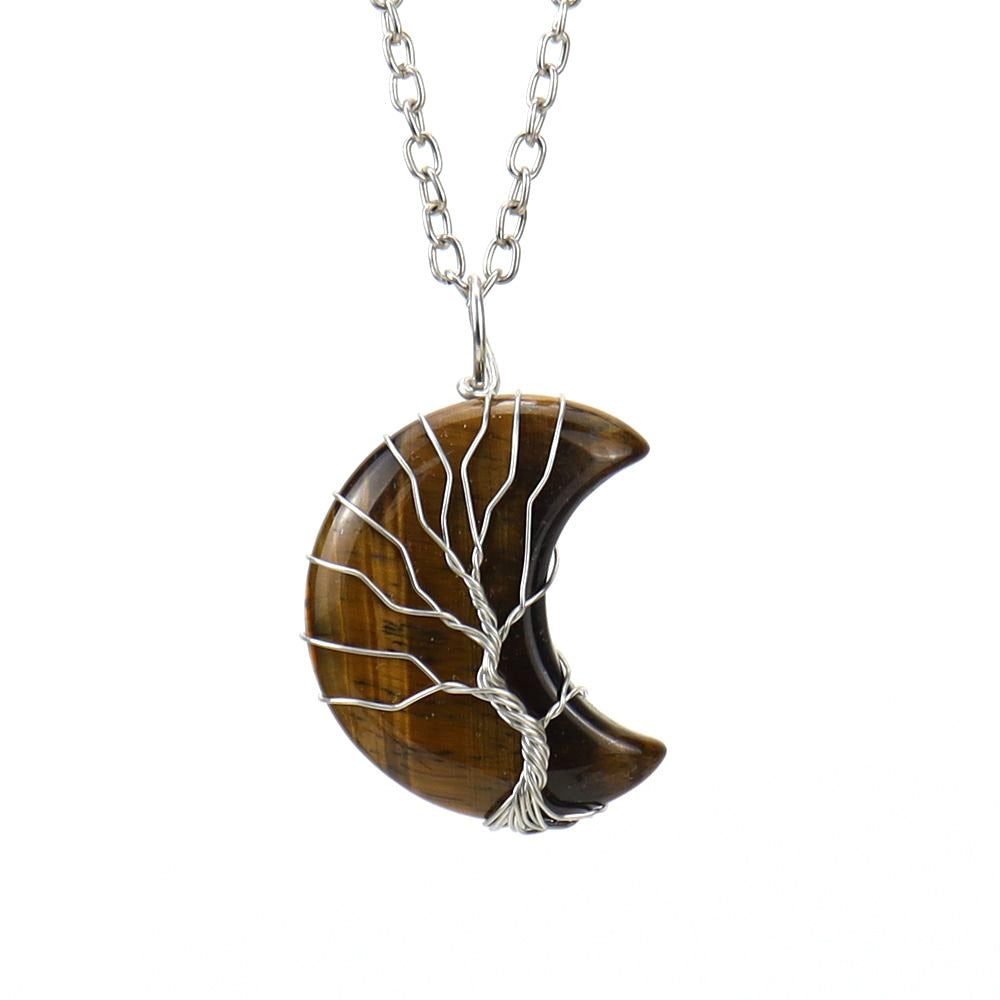 Natural Stone Crescent Moon Tree of Life Pendant Necklace – Handmade Copper Wire Wrap