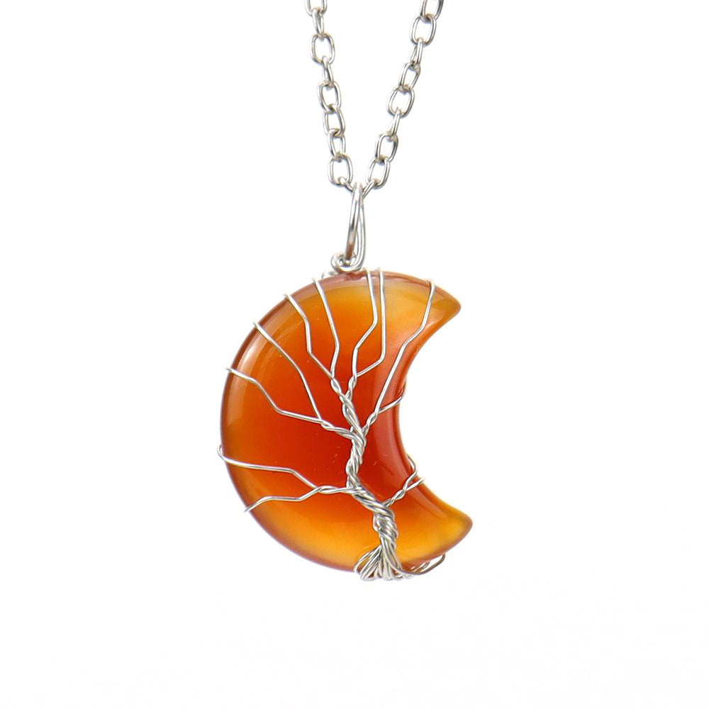 Natural Stone Crescent Moon Tree of Life Pendant Necklace – Handmade Copper Wire Wrap